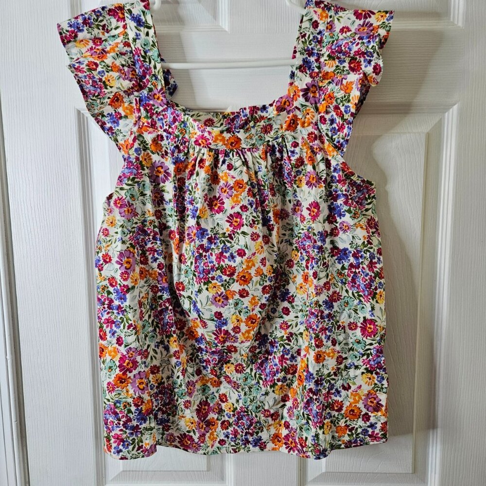 Dee Elly Top Blouse Womens Sz Large Ruffle Cap Short Sleeve Bright Floral Cotton